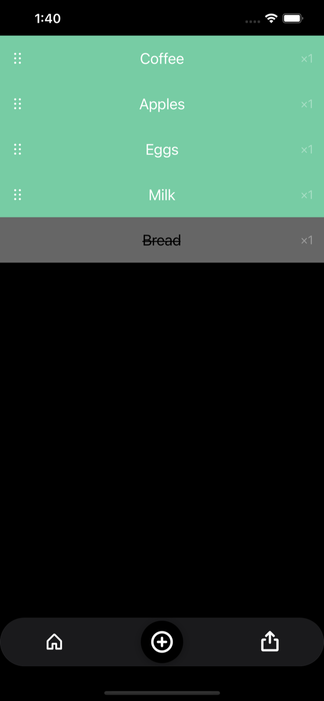 Groceries list showing Coffee, Apples, Eggs, and Milk checked off, with Bread struck through as completed