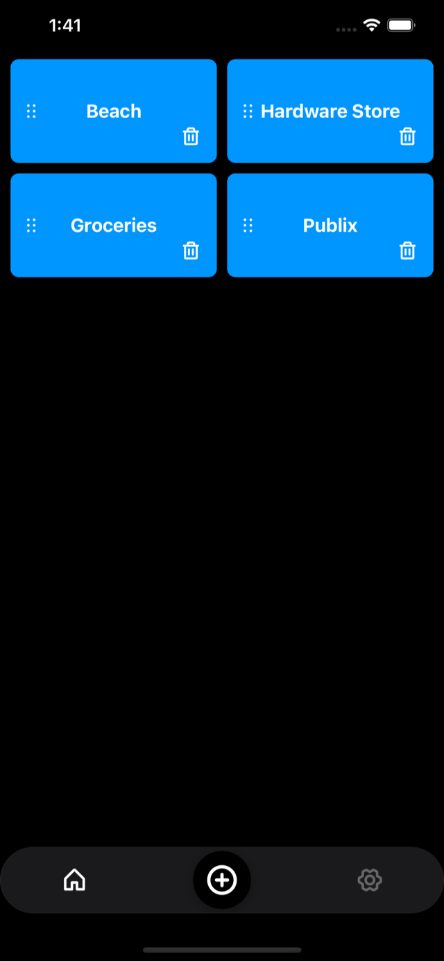 Mi Lista home screen showing lists named Beach, Hardware Store, Groceries, and Publix
