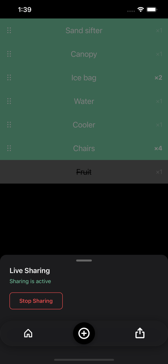 The Live Sharing sheet showing sharing is active, and a Stop Sharing button